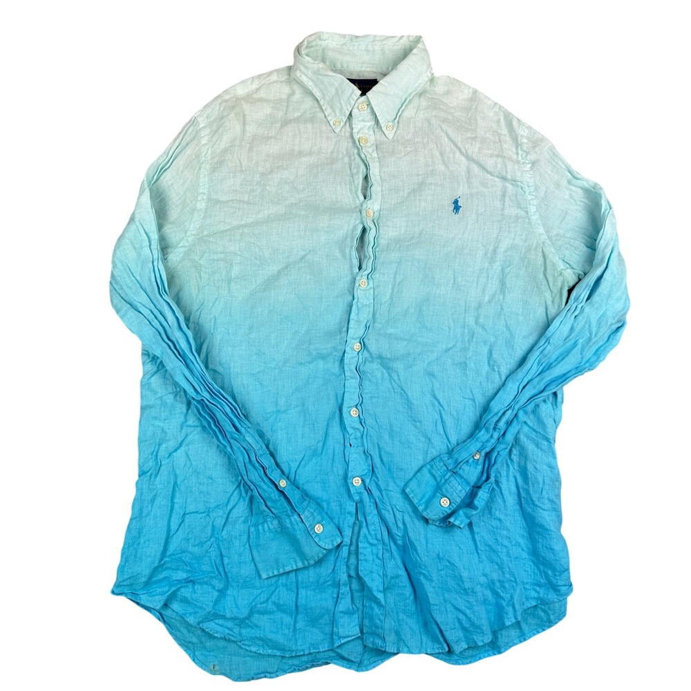 Ralph Lauren Linen Shirt XL Blue Ombre Dip Dye Long Sleeve Button Down Beach